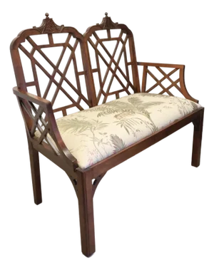 Vintage Chinese Chippendale Style Double-Back Walnut Settee With Botanical Upholstery