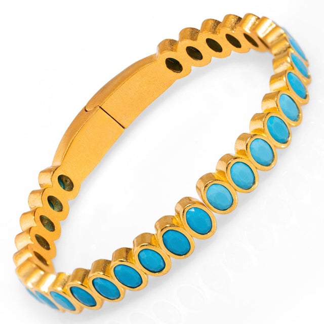 2020s Turquoise Teardrop Gemstone & Gold Bangle Bracelet For Sale - Image 5 of 8