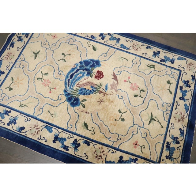 Textile Early 20th Century Cream and Blue Chinese Peking Rug - 4' x 5'8" For Sale - Image 7 of 7