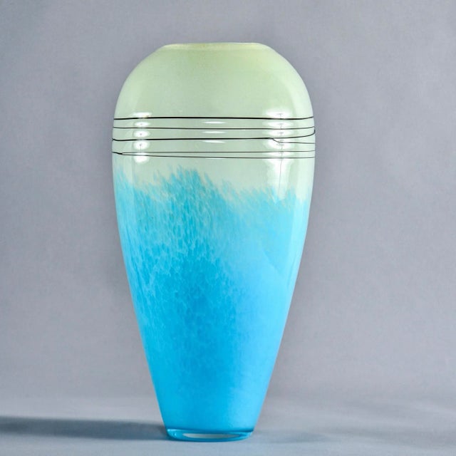 Tall Mid Century Blue and Pale Green Art Glass Vase For Sale - Image 10 of 10