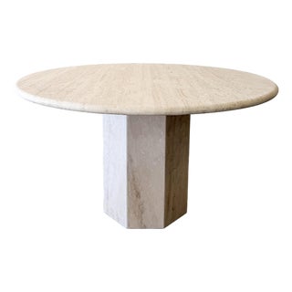 Vintage 1980s Round Travertine Dining Table With Hexagonal Pedestal Base For Sale