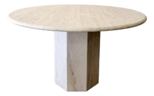 Vintage 1980s Round Travertine Dining Table With Hexagonal Pedestal Base