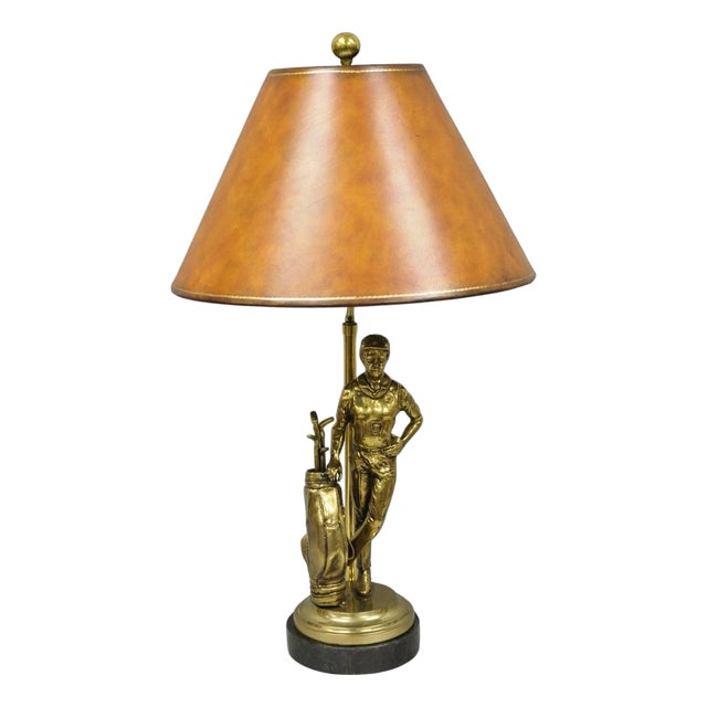 Vintage Maitland Smith Bronze Figure Golfer Sculpture Table Lamp W Leather Shade For Sale