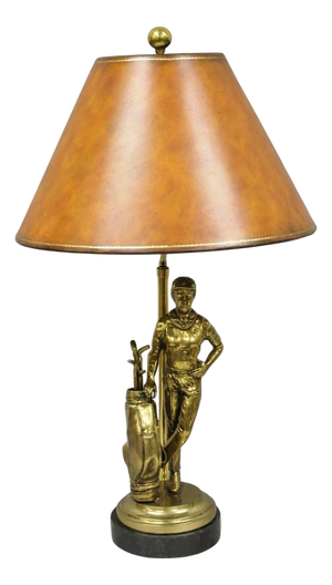 Vintage Maitland Smith Bronze Figure Golfer Sculpture Table Lamp W Leather Shade
