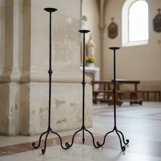 Hand Forged Iron Candelabra Set of 3 (93-113cm) Antique Copper Finish Hammered Stem with Decorative Knop For Sale - Image 4 of 10