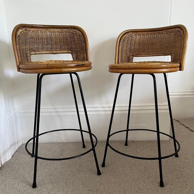 Wicker Stools with Black Wrought Iron Legs, Set of 2 For Sale - Image 10 of 10
