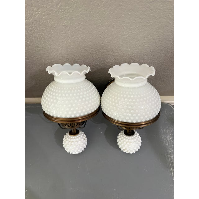 Mid 20th Century Mid 20th Century Pair of Mid-Century Hobnail Milk Glass Wall Sconces With Brass Hardware Lavery & Co Underwriters Laboratories For Sale - Image 5 of 12