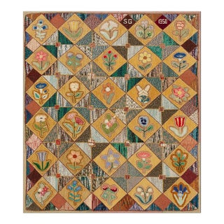 Very Pretty Multi Colored Floral Tumbling Block Pattern Set on a a Light Yellow Tan Background Vintage Signed Sg and Dated 1950 American Hooked Rug For Sale