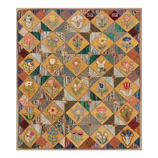 Very Pretty Multi Colored Floral Tumbling Block Pattern Set on a a Light Yellow Tan Background Vintage Signed Sg and Dated 1950 American Hooked Rug For Sale