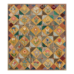 Very Pretty Multi Colored Floral Tumbling Block Pattern Set on a a Light Yellow Tan Background Vintage Signed Sg and Dated 1950 American Hooked Rug