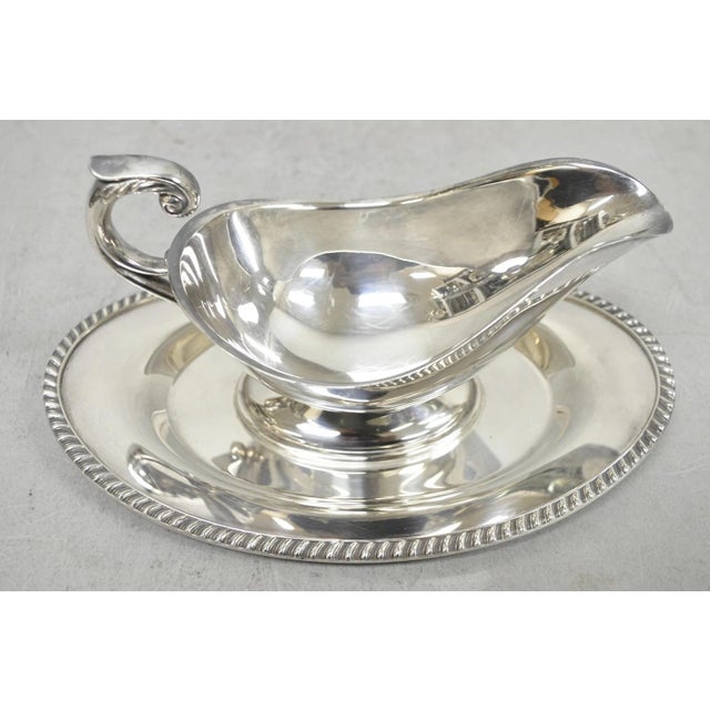 Mid 20th Century Vintage Crescent Victorian Silver Plated Gravy Sauce Boat on Attached Dish Plate For Sale - Image 5 of 12
