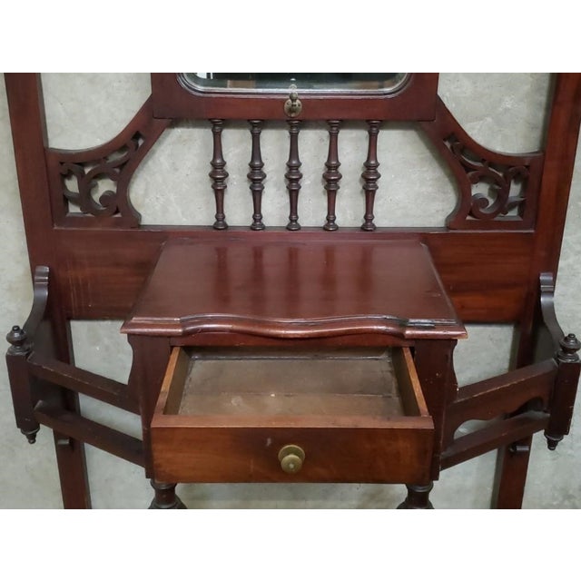 Antique Victorian Mahogany Hall Tree With Mirror, Drawer & Brass Hooks For Sale - Image 4 of 6