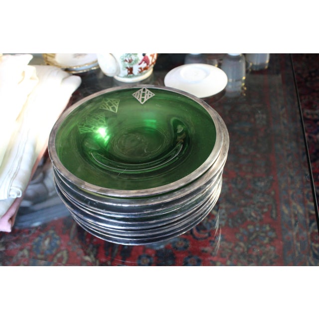 Metal Silver Embossed Green Depression Glass 10 Serving Plate or Shallow Bowls For Sale - Image 7 of 7