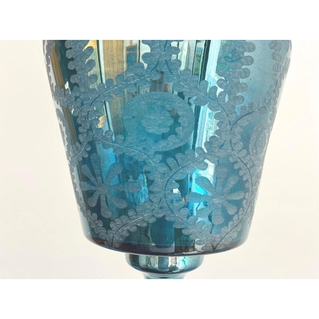Mid century bell jar hanging light of rich turquoise blue etched glass with Moorish geometric foliage patterns, etched...