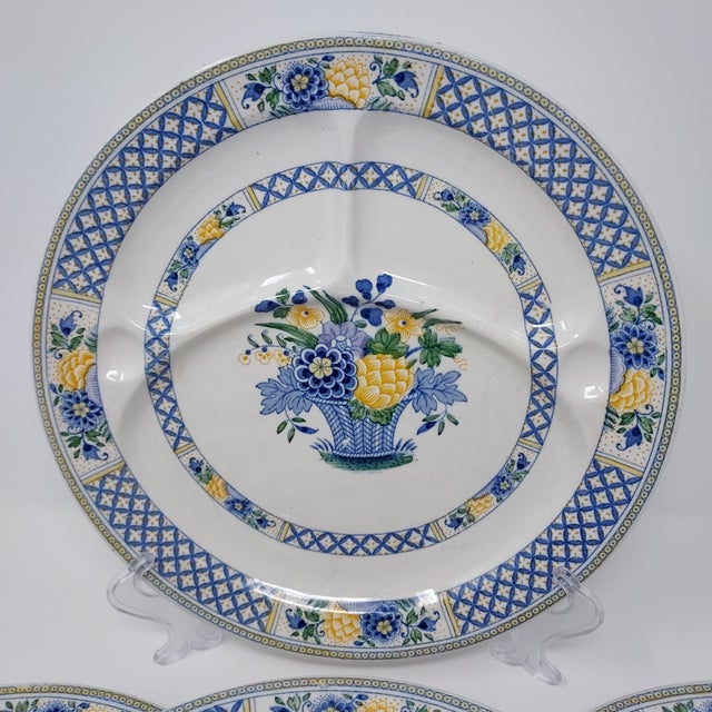 Booths England Antique Silicon China Set 6 Divided Grill Plates Nankin Pattern Signed C. 1917. Blue Yellow flower basket...