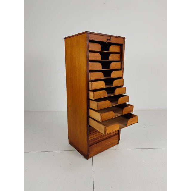 1930s Dutch Oak Archive Cabinet with Tambour Door, 1940s For Sale - Image 5 of 8