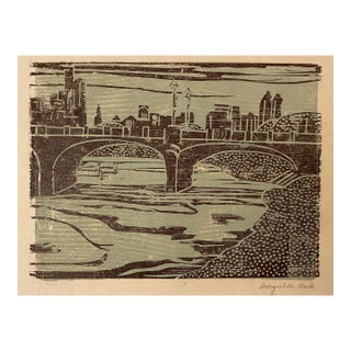 1950s Georgiabelle Clark City on a Bridge Woodcut Print For Sale