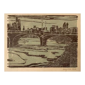 1950s Georgiabelle Clark City on a Bridge Woodcut Print