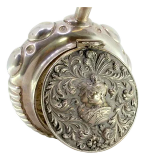 Silver Smudging Bowl with Busts of Soldiers Lid, Gummed Casing and Wooden Handle
