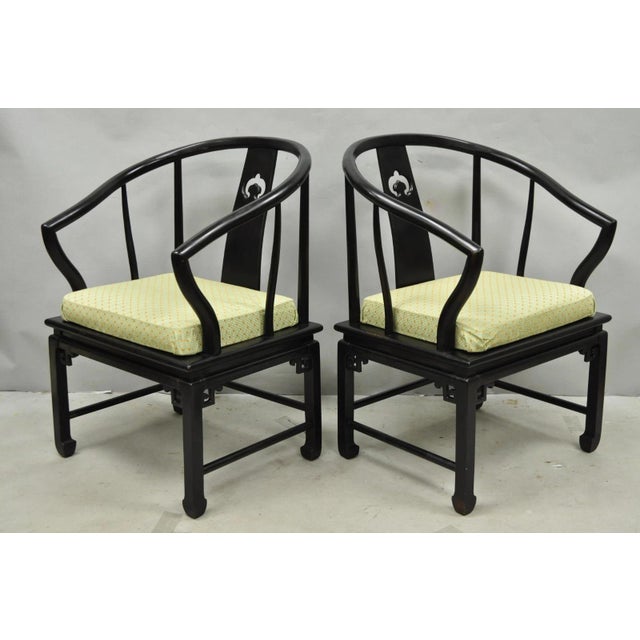 Chinoiserie Vintage Oriental Ming Style Ebonized Horseshoe Lounge Chairs by Century (A) Pair For Sale - Image 3 of 17