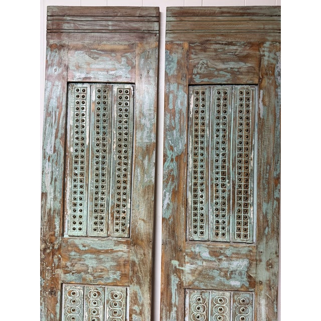 Antique Indian Carved Wood Doors With Brass Studs – Rustic Farmhouse Barn Doors 80x40 For Sale In Orlando - Image 6 of 8