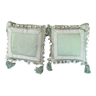 Designer Silk and Embroidered Fabric With Greek Key Pattern Throw Pillows With Beaded Glass Fringe For Sale