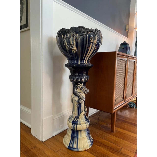 Blue Vintage Blue and White Majolica Urn on Dragon Stand For Sale - Image 8 of 8