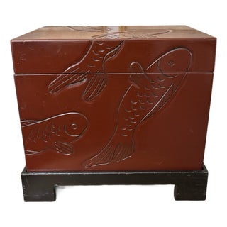 Mid to Late Twentieth Century Sarreid Asian Koi Fish Lacquered Chest on Stand For Sale