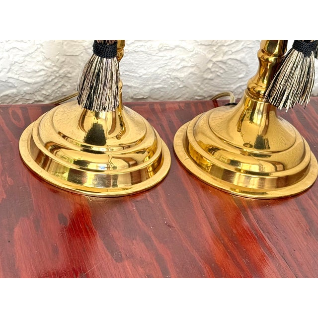 Brass Late 20th Century Brass Candlestick Lamps With Tassels - Pair For Sale - Image 8 of 10