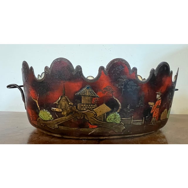 Antique early 19th century French Chinoiserie tole monteith or cachepot jardiniere circa 1820. Oval shape with handles at...