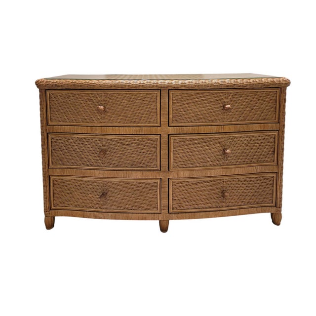 1970s Vintage Palm Beach Regency Bowfront Wicker 6-Drawer Dresser With Glass Top For Sale - Image 5 of 13