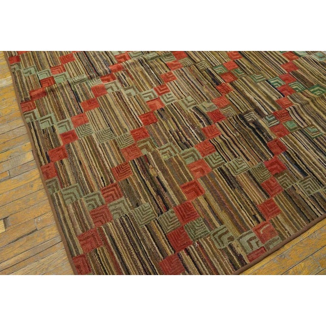 American 1900s Multi Color Diamond Folk Art Antique American Hooked Rug 5'9" X 8'2" Hand Knotted Fabric Wool Carpet For Sale - Image 3 of 6
