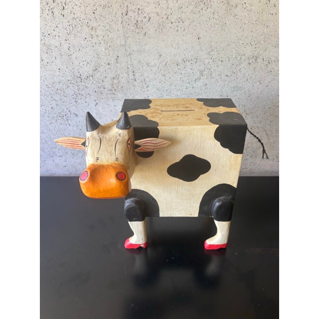 Vintage Hand Painted Folk Art Cow Bank Whimsical Wood Animal Sculpture For Sale - Image 4 of 8