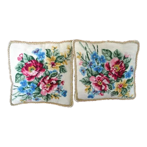 Pair of Vintage Needlepoint Roses and Violets Floral Pillows