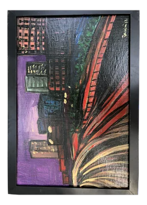 2003 Peter Robert Keil Signed 'Metropolis of Los Angeles Intricat Freeway' Abstract Cityscape Purple Haze Oil on Board