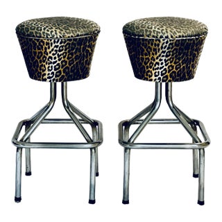 Mid 20th Century Chrome Faux Leopard Swivel Bar Stools, a Pair For Sale