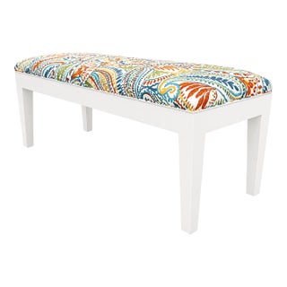 Vintage Upholstered Bench With Colorful Paisley Fabric For Sale