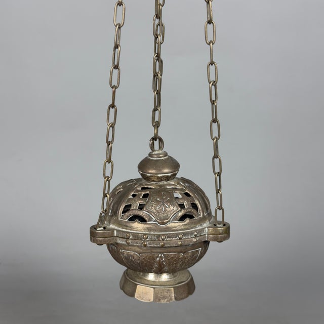 Antique Handcrafted Embossed Brass Thurible Sacred Censer, Early 1900s For Sale - Image 12 of 12