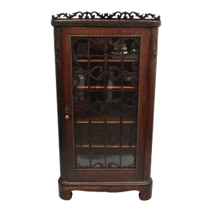 Late 19th Century Antique Arts & Craft Oak Wood Glass One Door Fretwork Corner China Cabinet Curio