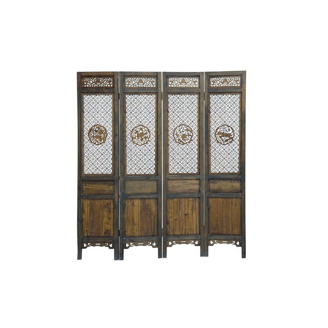 Wood Vintage Finish Openwork Floral 4 Panels Wood Floor Screen Room Divider For Sale - Image 7 of 10