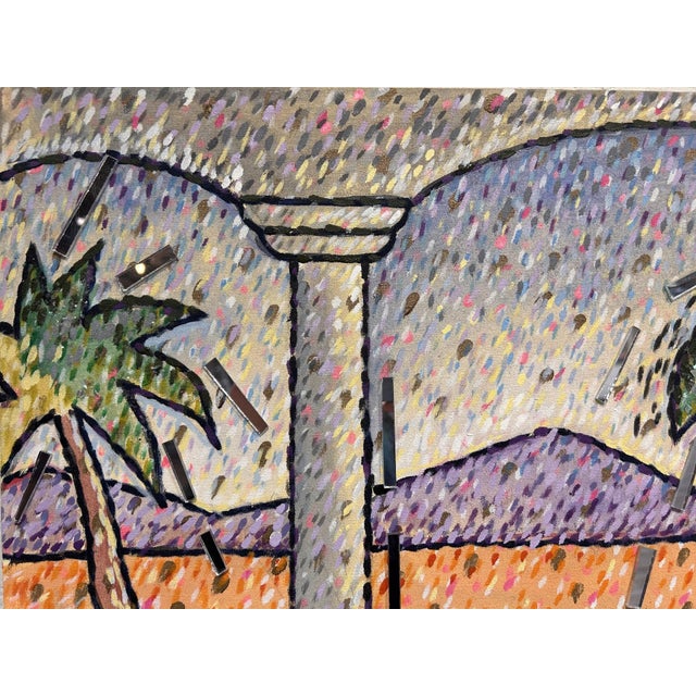 This mixed media artwork features a vibrant scene that juxtaposes a fish bowl with a tropical landscape, where palm trees...
