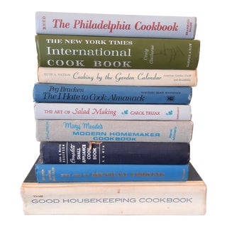 Vintage Cookbook Stack Library Blue Green White Neutrals For Sale