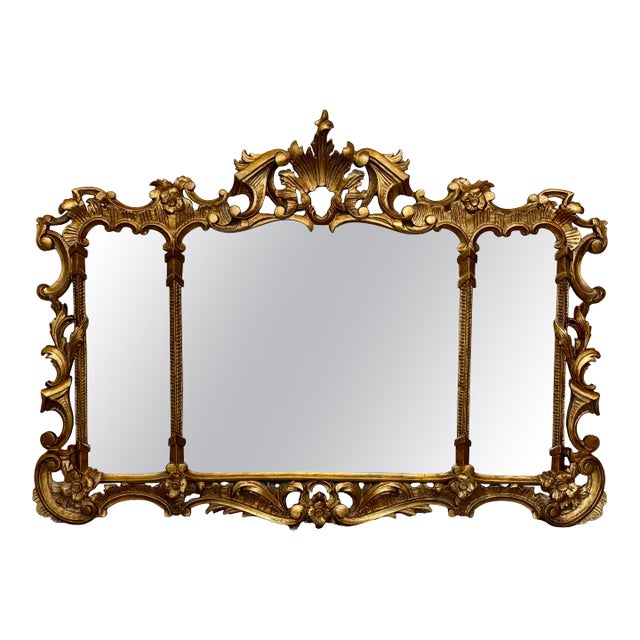 Spanish 20th Baroque Style Carved Walnut Ormolu Horizontal Gilded Mirror For Sale