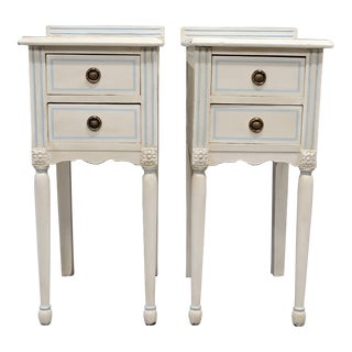 Vintage White Nightstands With Blue Pin Stripe Detail - a Pair For Sale