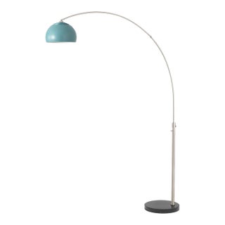 Half Dome Mid Century 1960s Arc Floor Lamps - Pool Blue Steel Shade, Satin Nickel Body, Black Marble Base For Sale