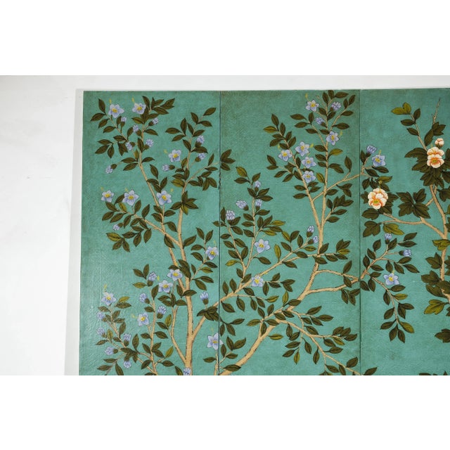 Vintage Chinese Four-Panel Screen with Hand-Painted Blossoms on Teal Ground For Sale - Image 9 of 12