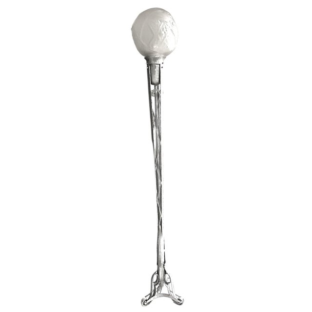 French Art Deco Nickeled Iron and Art Glass Floor Lamp Signed Muller Freres 1930 For Sale - Image 9 of 12