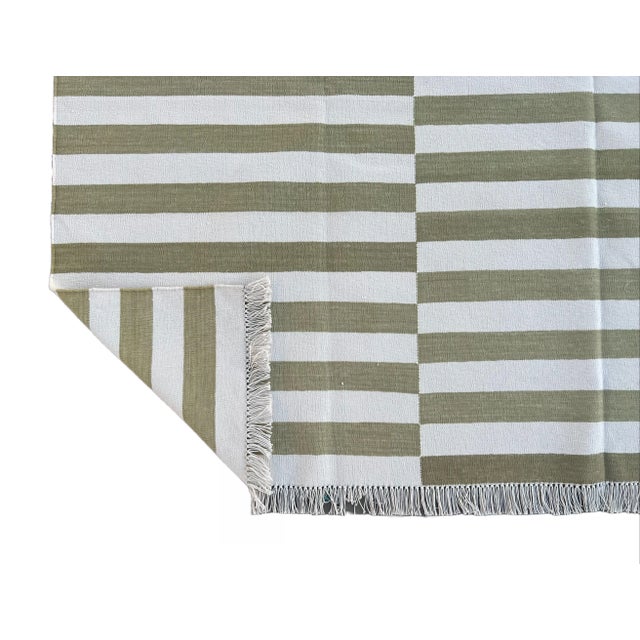 Casa Cosima Not Yet Made - Made To Order Handmade Cotton Area Rug Vegetable Dyed Olive Green and White Up Down Striped Rug-8'x10' For Sale - Image 4 of 11