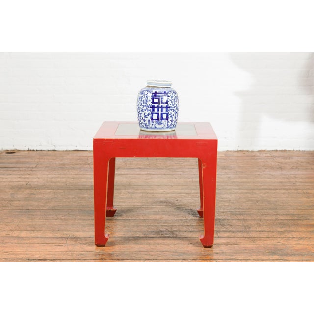 Wood Chinese Vintage Red Lacquer Side Table with Qing Dynasty Stone Garden Tiles Top For Sale - Image 7 of 13