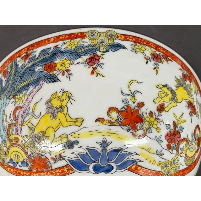 Vintage Chinese Hand Painted Foo Dog & Flora Porcelain Decorative Bowl For Sale - Image 9 of 11